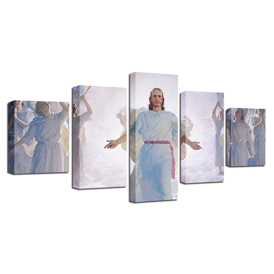 Jesus Christ In Cloud With Angels & Wings Christian Framed 5 Piece Canvas Wall Art