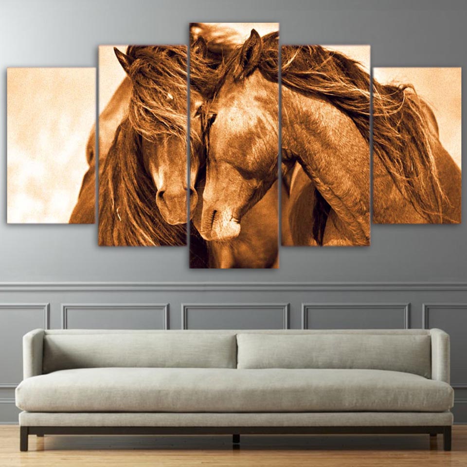 Loving Horses Animal Framed 5 Piece Canvas Wall Art