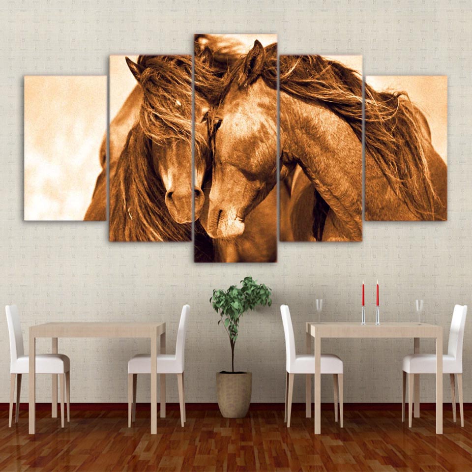 Loving Horses Animal Framed 5 Piece Canvas Wall Art