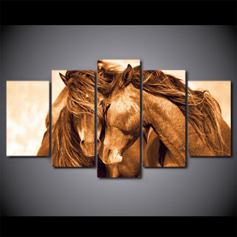 Loving Horses Animal Framed 5 Piece Canvas Wall Art