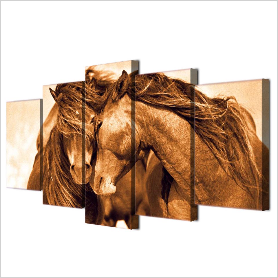 Loving Horses Animal Framed 5 Piece Canvas Wall Art