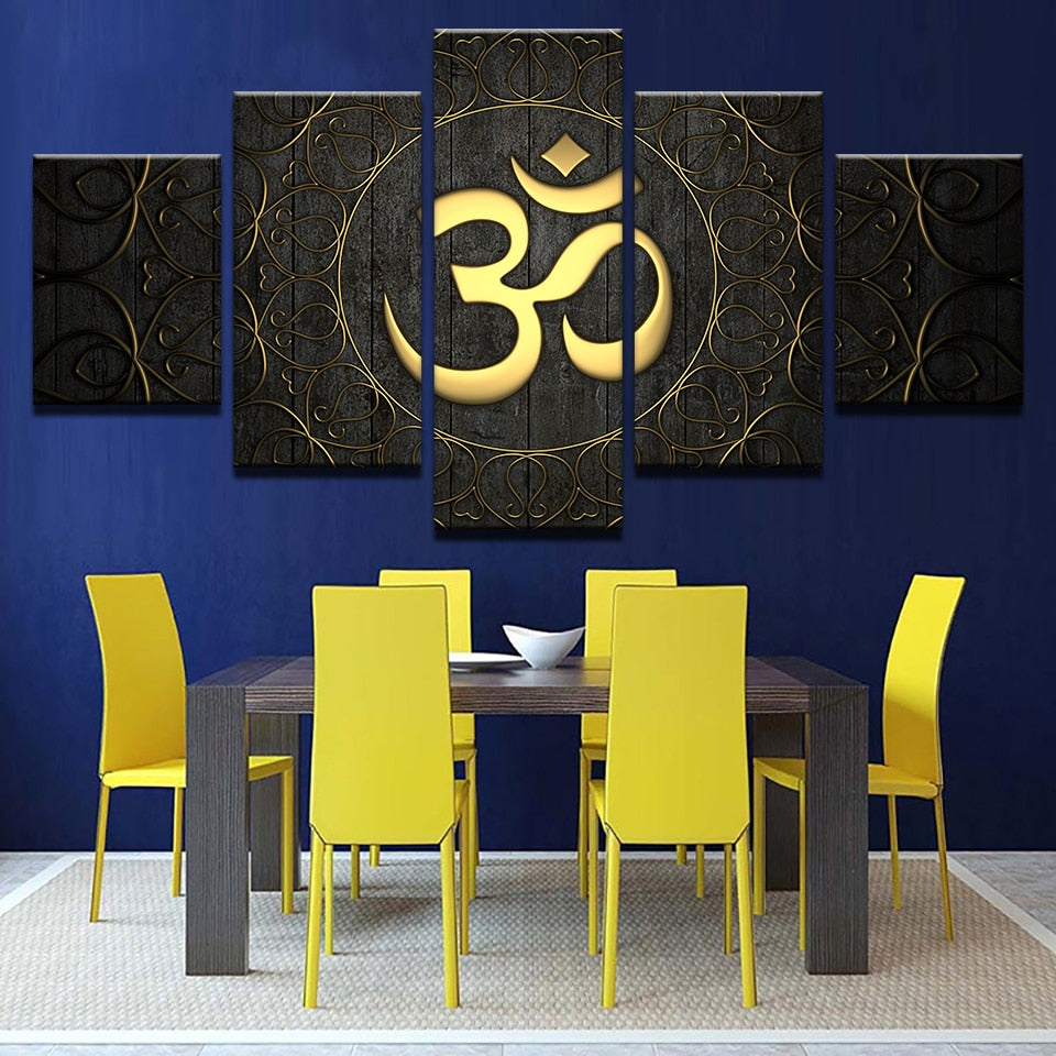 Buddha OM Yoga Namaste Golden Symbol Framed 5 Piece Canvas Wall Art