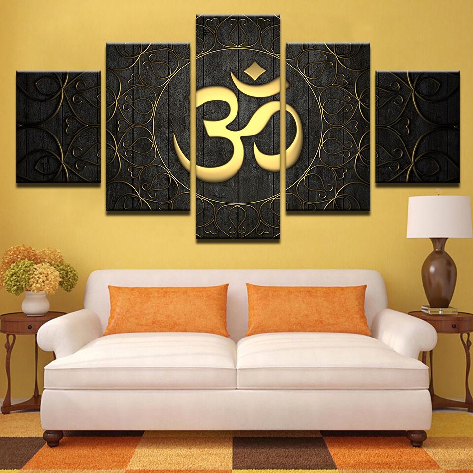 Buddha OM Yoga Namaste Golden Symbol Framed 5 Piece Canvas Wall Art