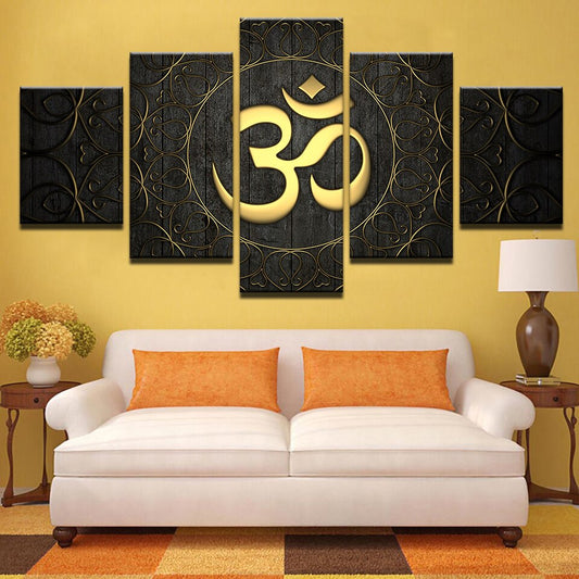 Buddha OM Yoga Namaste Golden Symbol Framed 5 Piece Canvas Wall Art