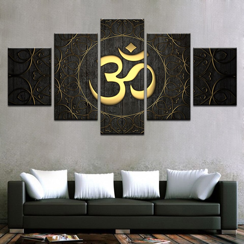 Buddha OM Yoga Namaste Golden Symbol Framed 5 Piece Canvas Wall Art
