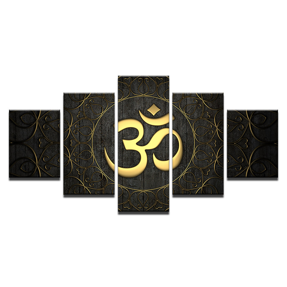 Buddha OM Yoga Namaste Golden Symbol Framed 5 Piece Canvas Wall Art