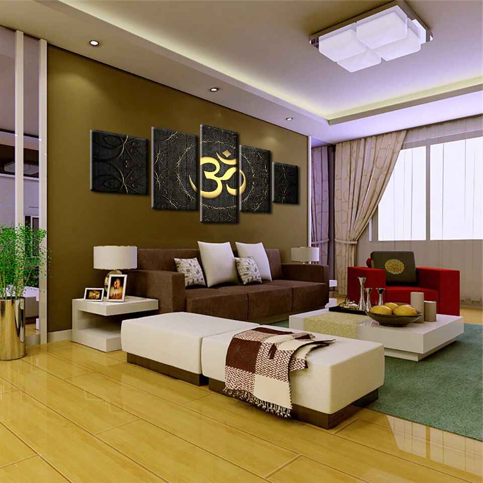 Buddha OM Yoga Namaste Golden Symbol Framed 5 Piece Canvas Wall Art
