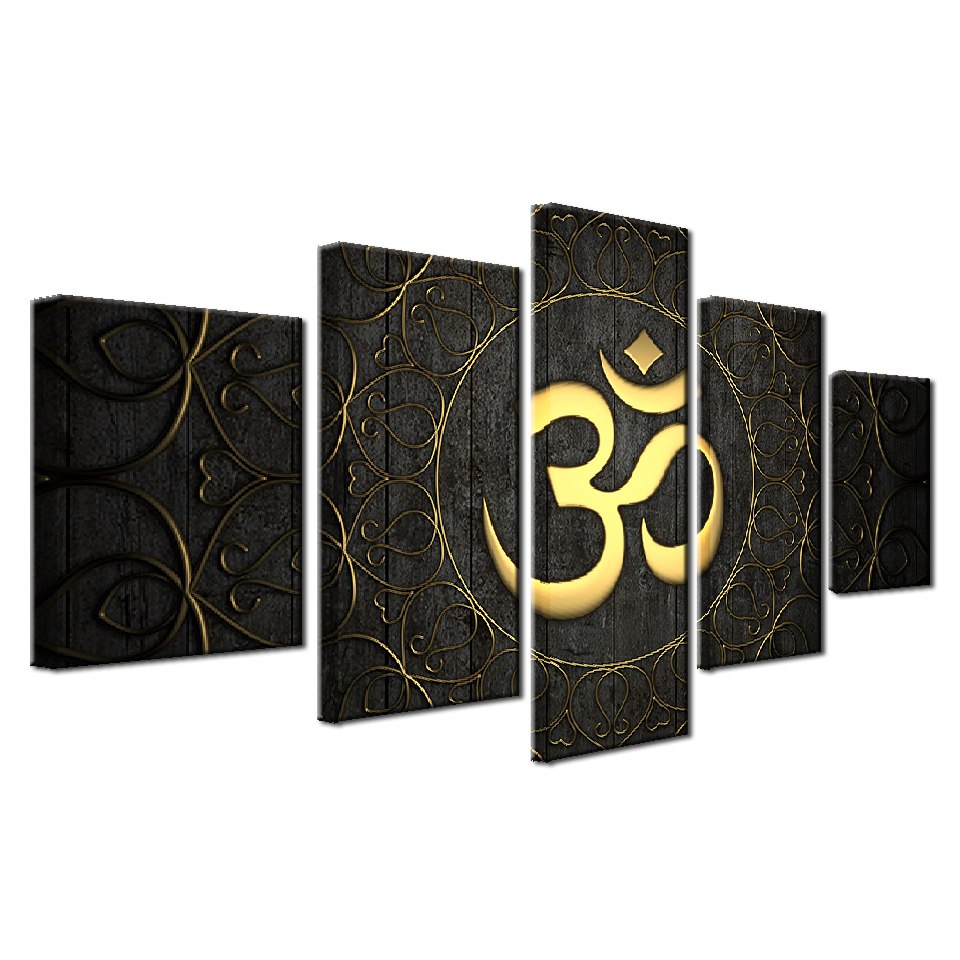 Buddha OM Yoga Namaste Golden Symbol Framed 5 Piece Canvas Wall Art