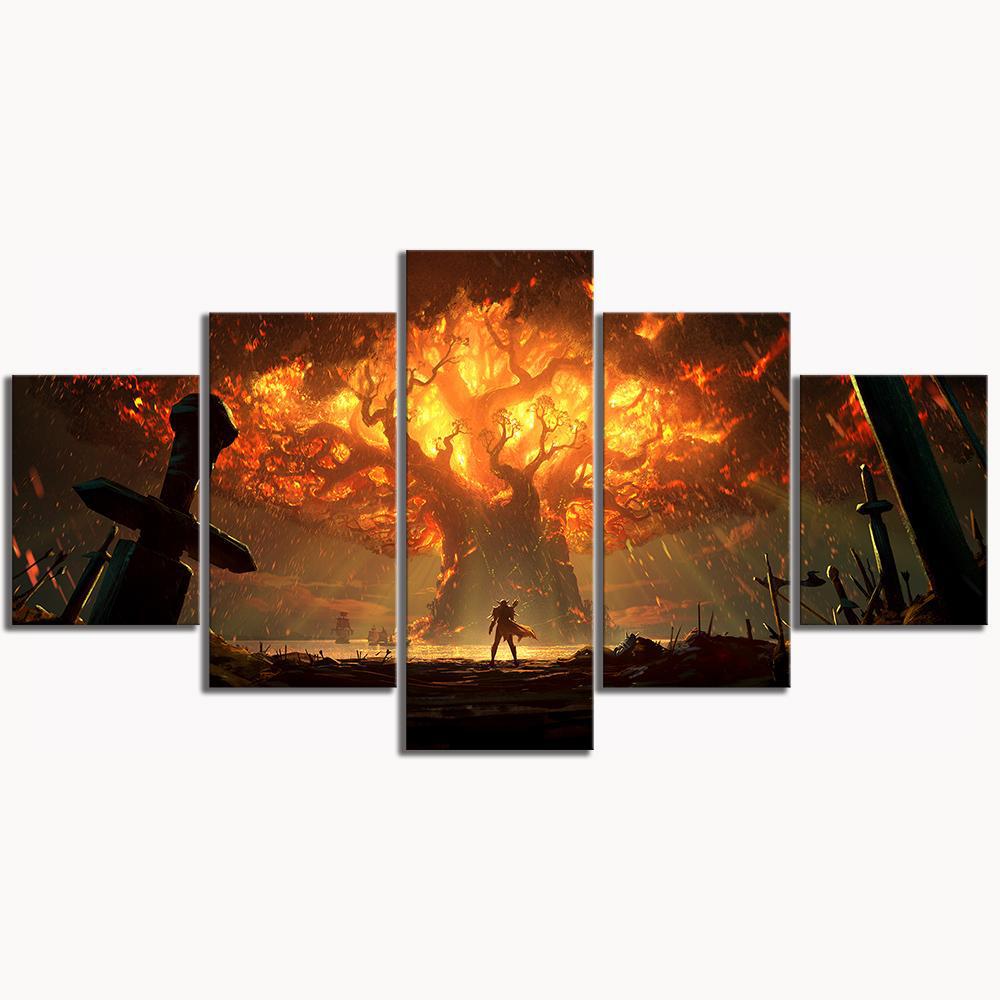 World of Warcraft Video Game Glowing Tree Framed 5 Piece Canvas Wall Art