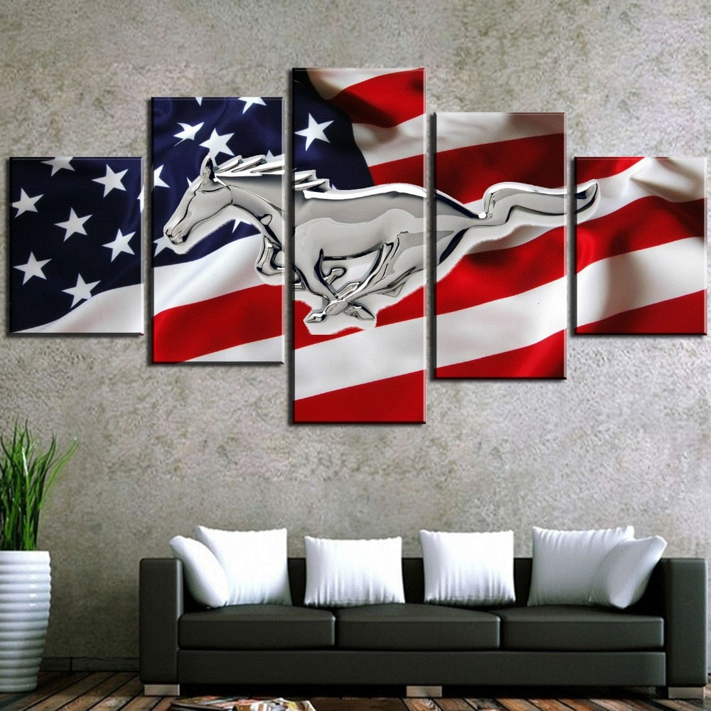 USA Mustang American United States Flag Framed 5 Piece Canvas Wall Art