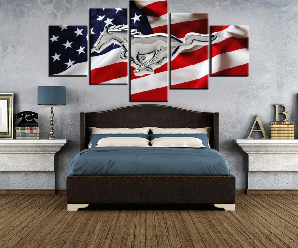 USA Mustang American United States Flag Framed 5 Piece Canvas Wall Art