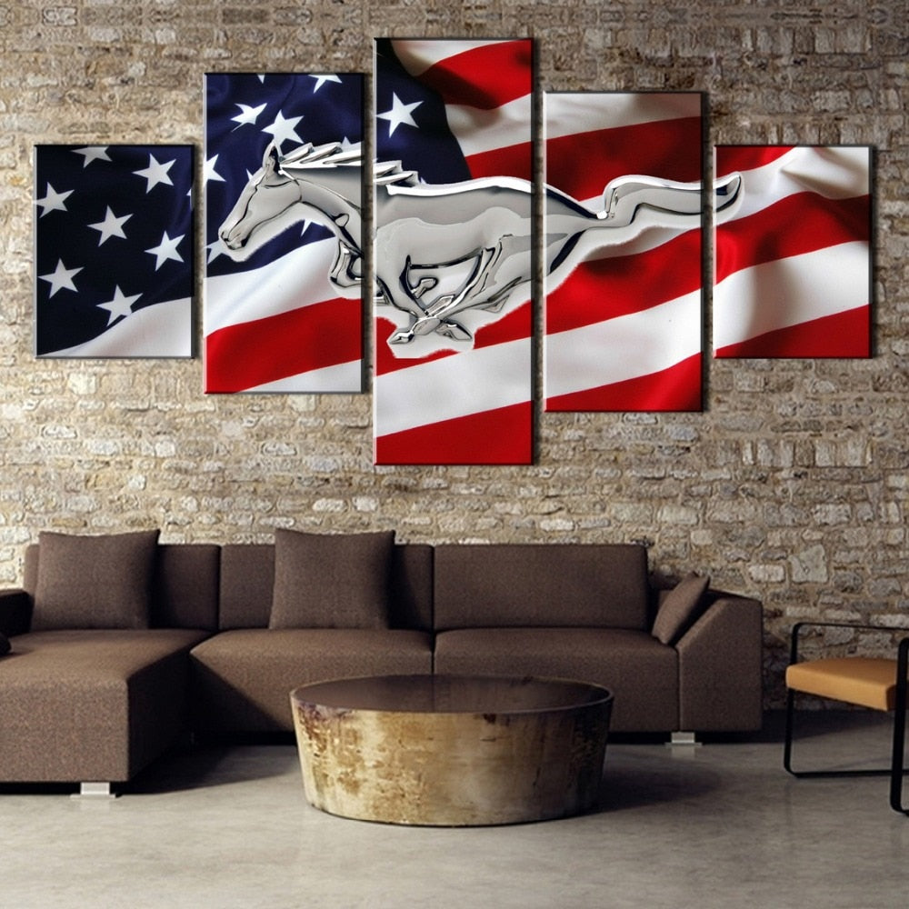 USA Mustang American United States Flag Framed 5 Piece Canvas Wall Art