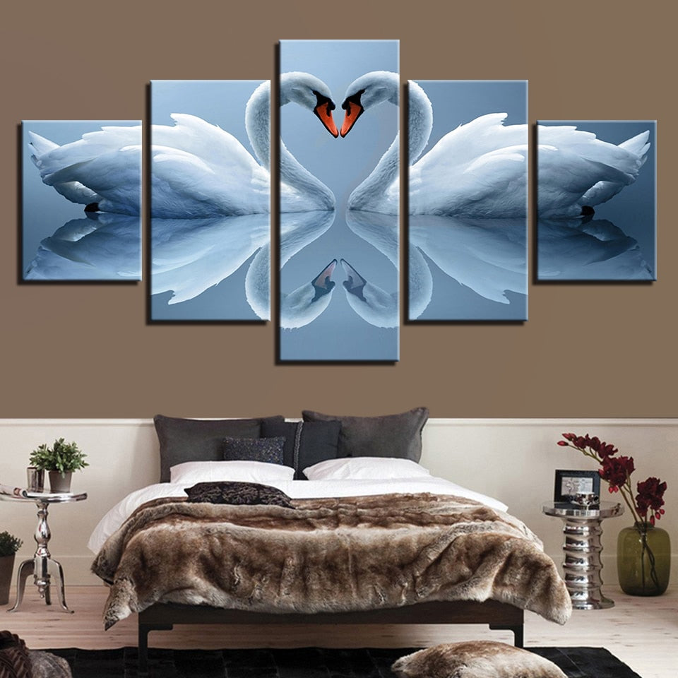 White Swan Couple Framed 5 Piece Canvas Wall Art