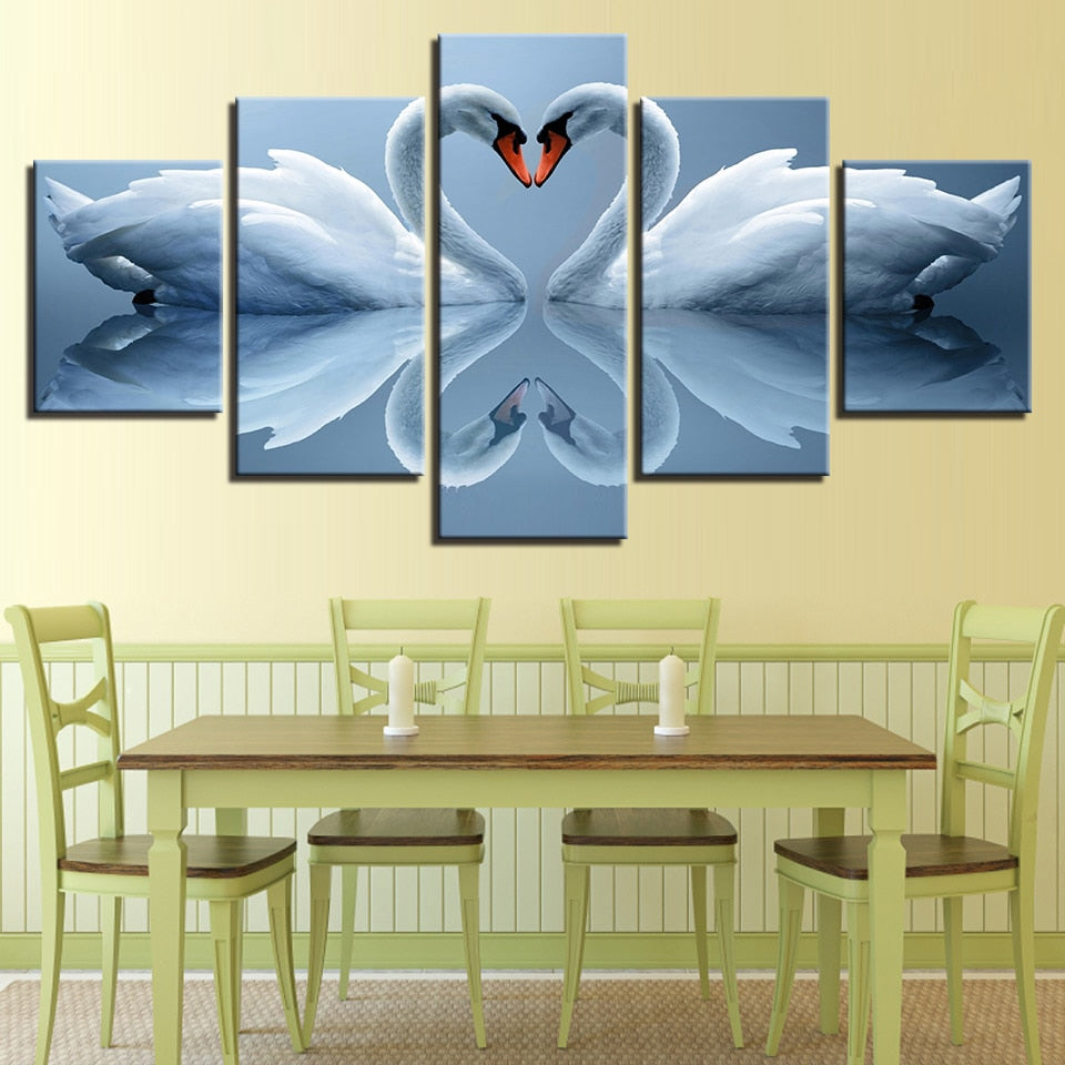 White Swan Couple Framed 5 Piece Canvas Wall Art