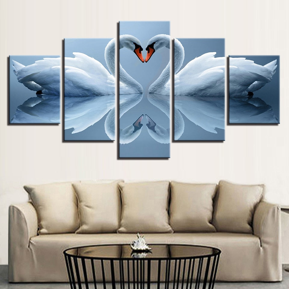 White Swan Couple Framed 5 Piece Canvas Wall Art