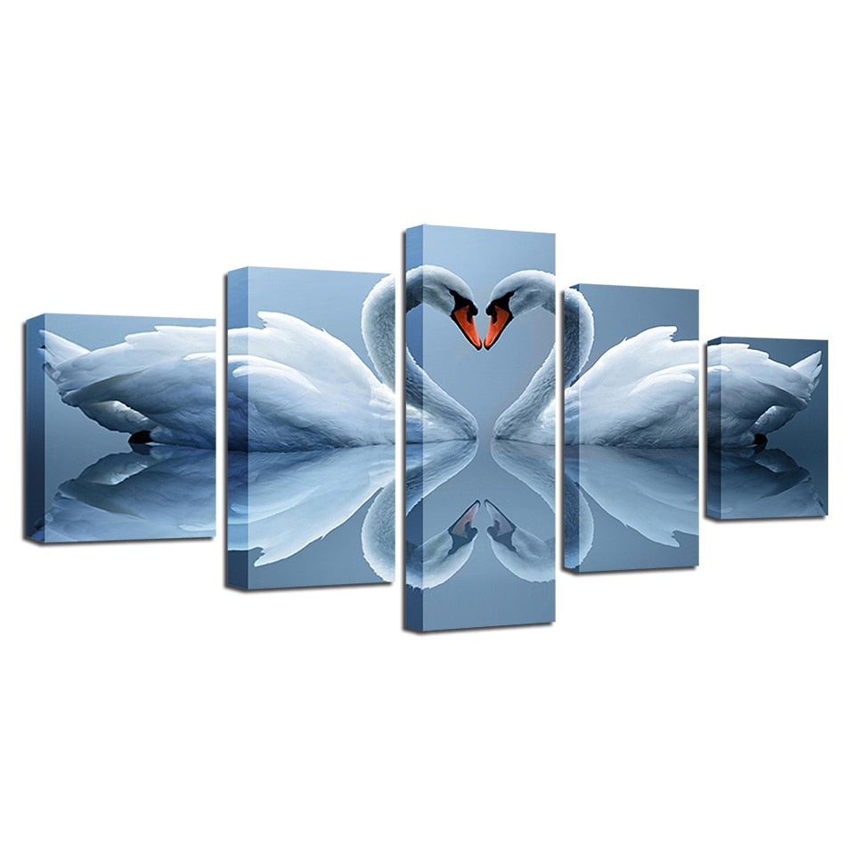 White Swan Couple Framed 5 Piece Canvas Wall Art