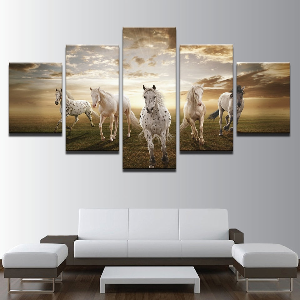 Running Steed Horses With Clouds & Sun Framed 5 Piece Canvas Wall Art