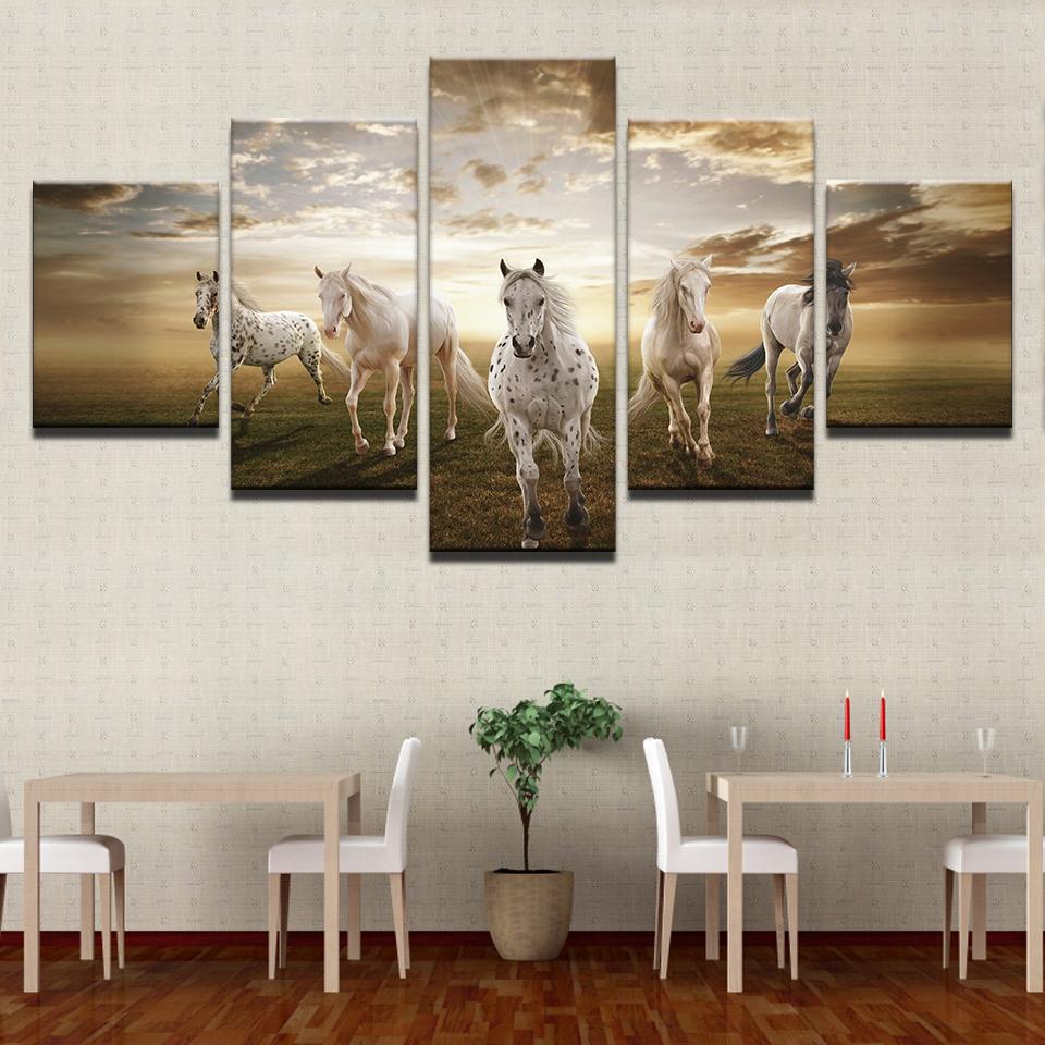 Running Steed Horses With Clouds & Sun Framed 5 Piece Canvas Wall Art