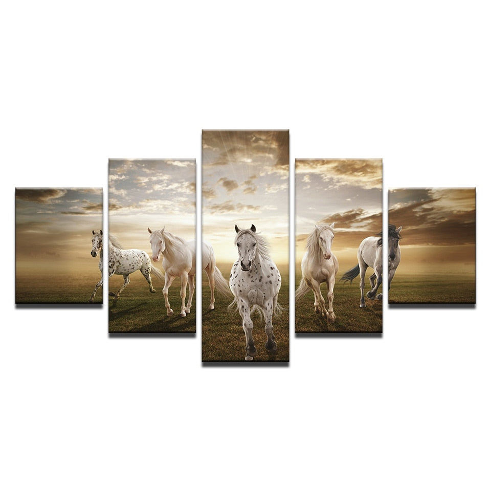 Running Steed Horses With Clouds & Sun Framed 5 Piece Canvas Wall Art