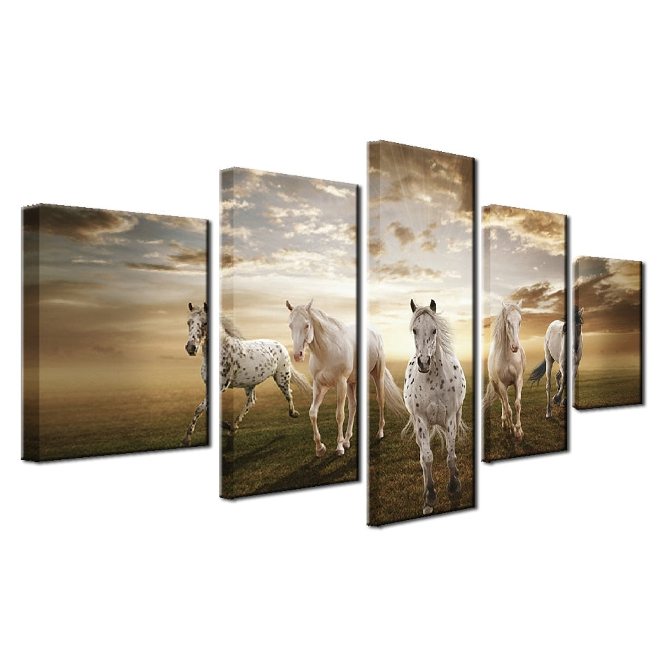 Running Steed Horses With Clouds & Sun Framed 5 Piece Canvas Wall Art