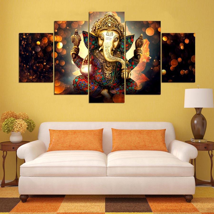 Indian Ganesh Hindu Elephant God Framed 5 Piece Canvas Wall Art