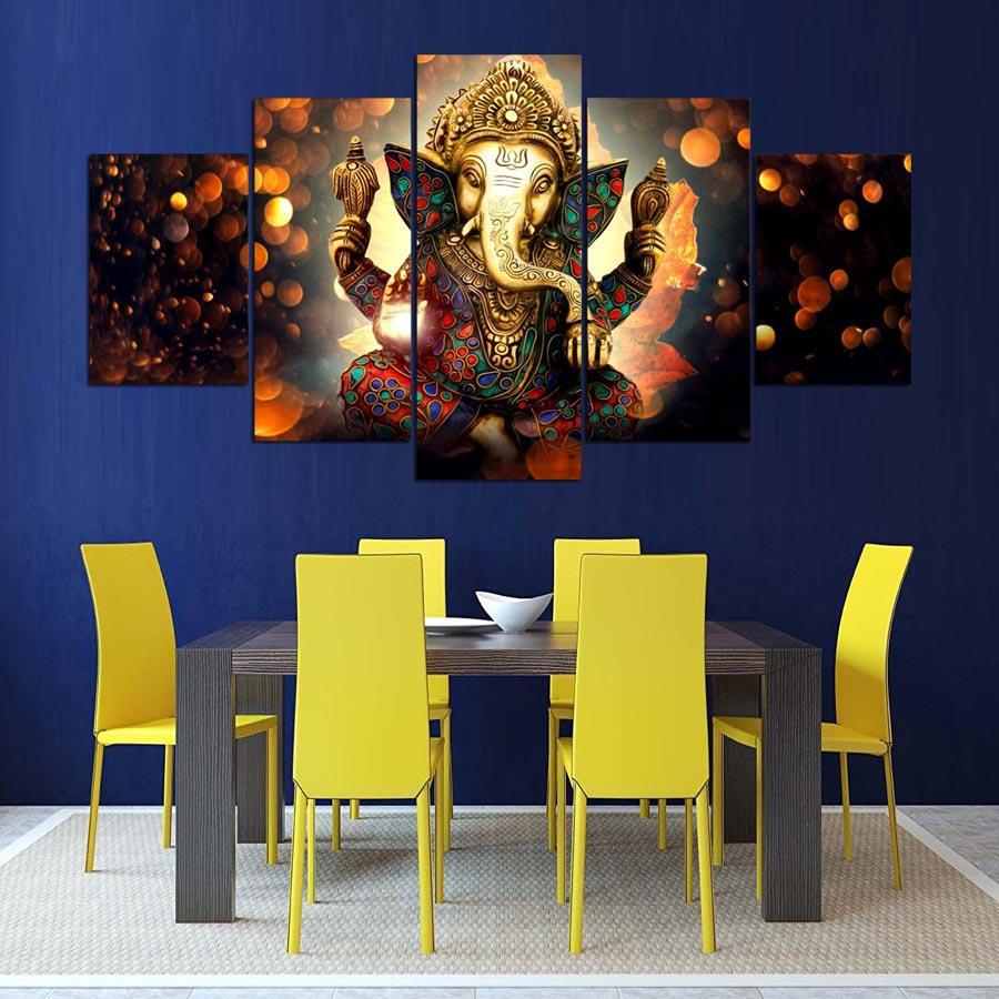 Indian Ganesh Hindu Elephant God Framed 5 Piece Canvas Wall Art