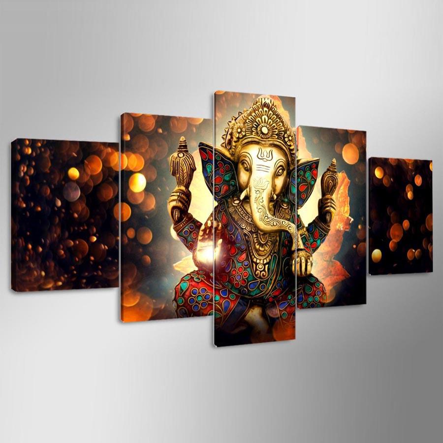 Indian Ganesh Hindu Elephant God Framed 5 Piece Canvas Wall Art