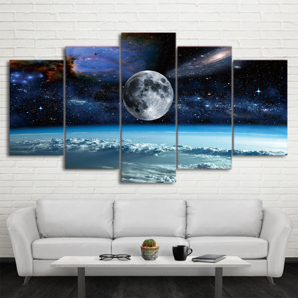 Outer Space Galaxies & Universe With Earth Moon & Stars Framed 5 Piece Canvas Wall Art