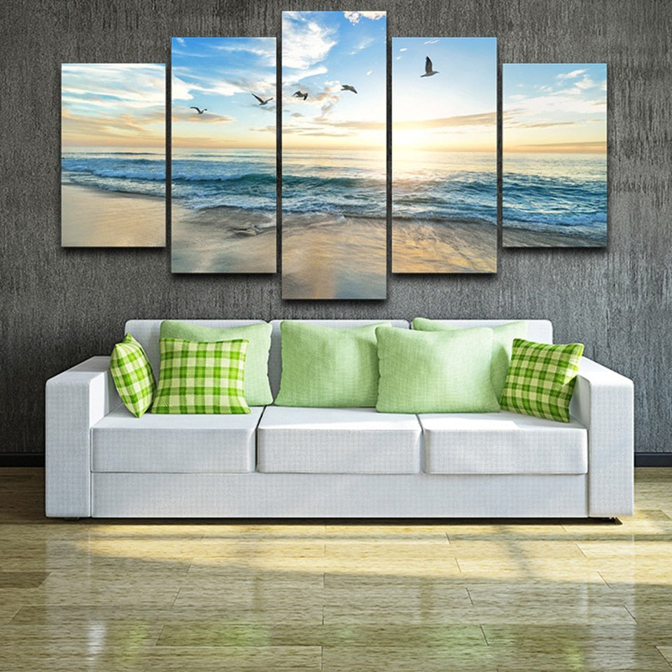 Sandy Sea Beach & Ocean Waves With Clouds Sun & Seagull Birds Framed 5 Piece Canvas Wall Art