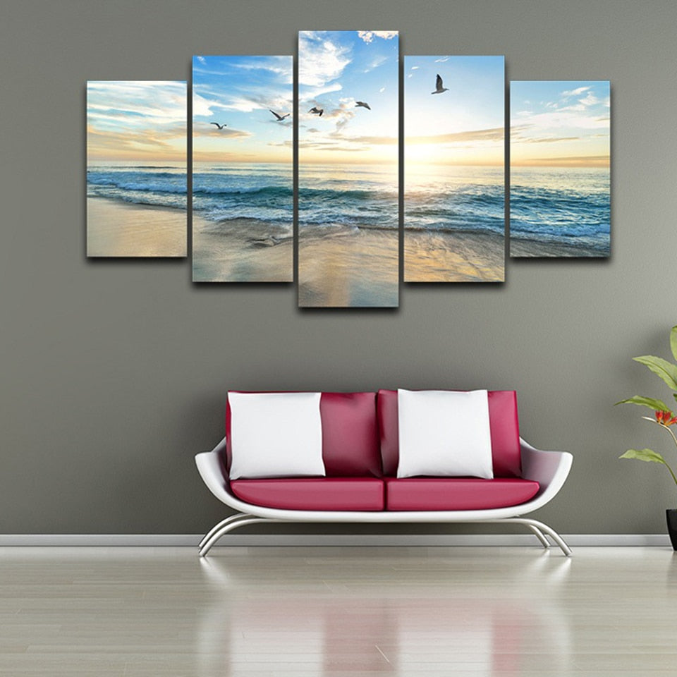Sandy Sea Beach & Ocean Waves With Clouds Sun & Seagull Birds Framed 5 Piece Canvas Wall Art