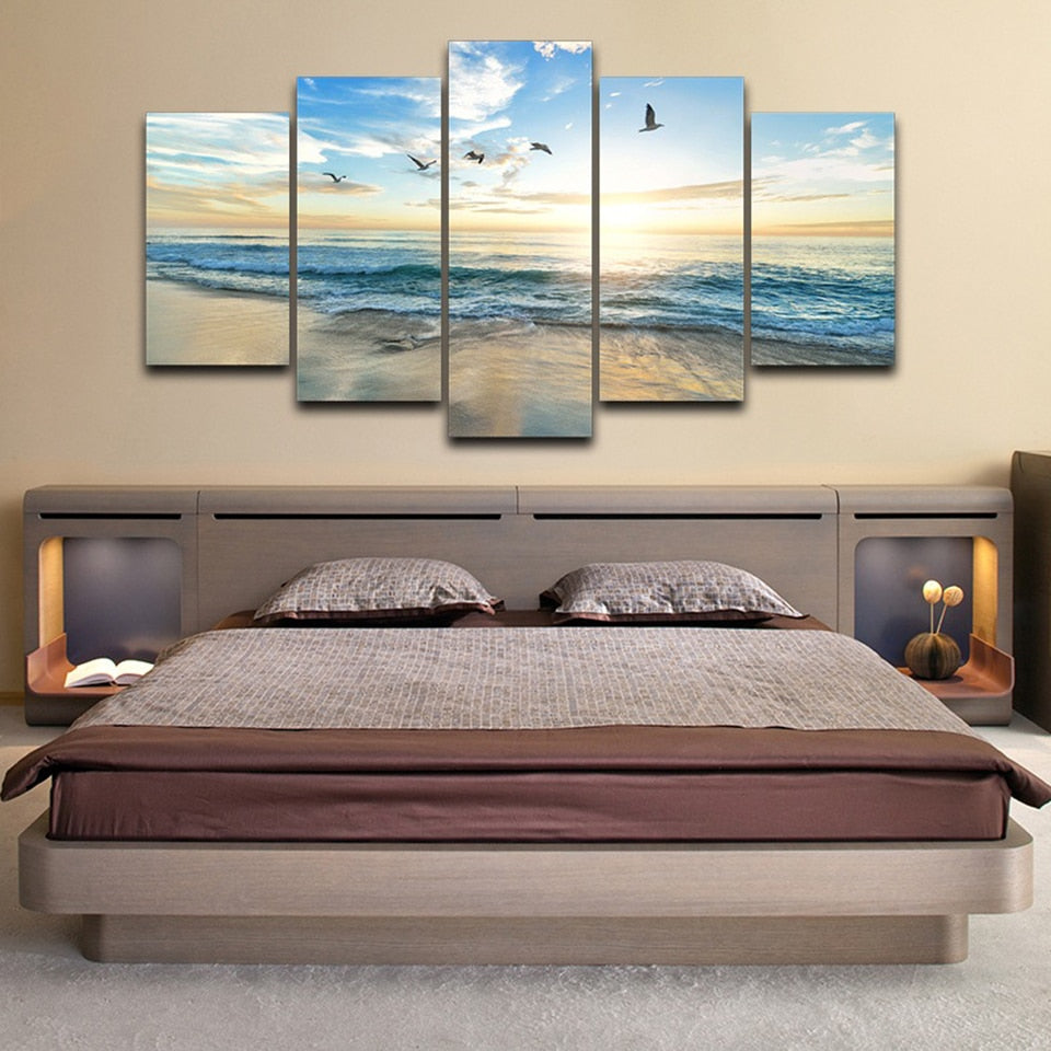 Sandy Sea Beach & Ocean Waves With Clouds Sun & Seagull Birds Framed 5 Piece Canvas Wall Art