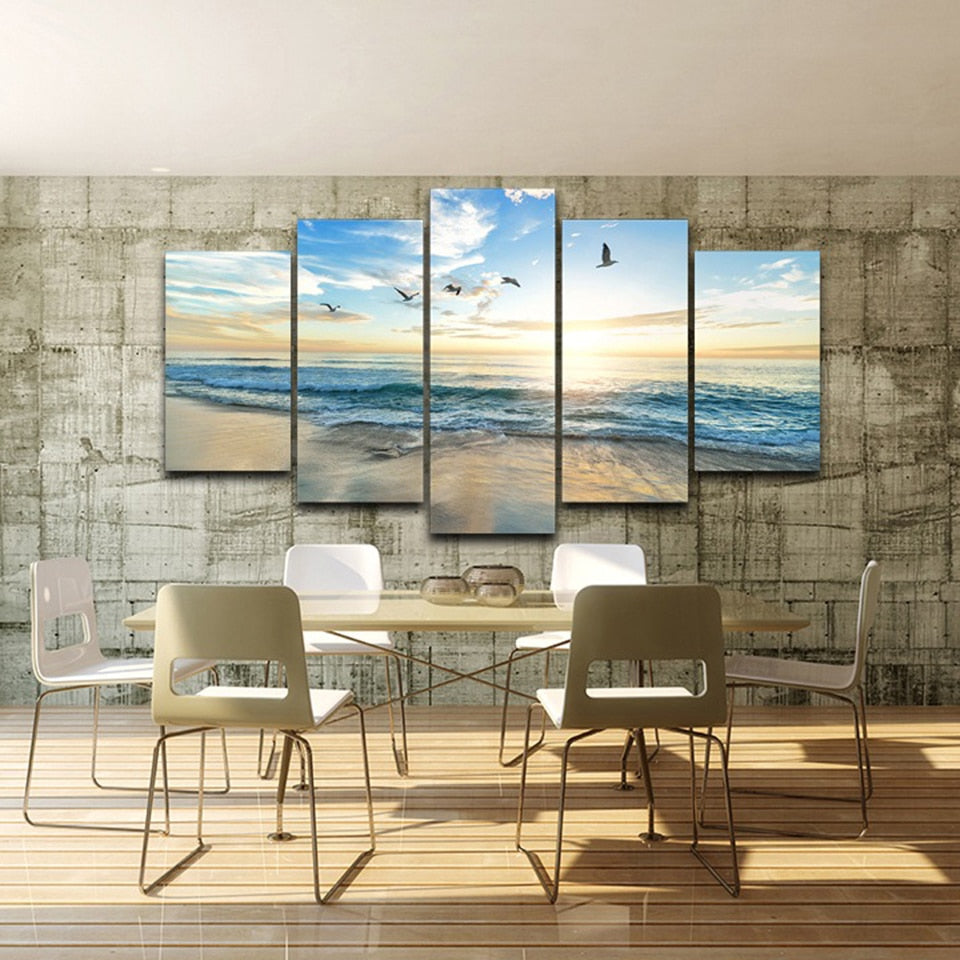 Sandy Sea Beach & Ocean Waves With Clouds Sun & Seagull Birds Framed 5 Piece Canvas Wall Art