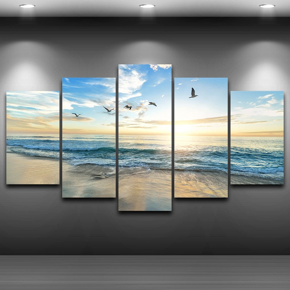 Sandy Sea Beach & Ocean Waves With Clouds Sun & Seagull Birds Framed 5 Piece Canvas Wall Art