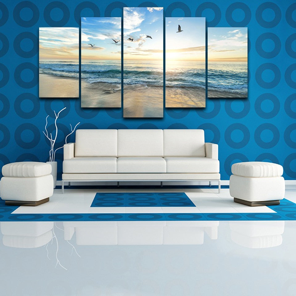 Sandy Sea Beach & Ocean Waves With Clouds Sun & Seagull Birds Framed 5 Piece Canvas Wall Art