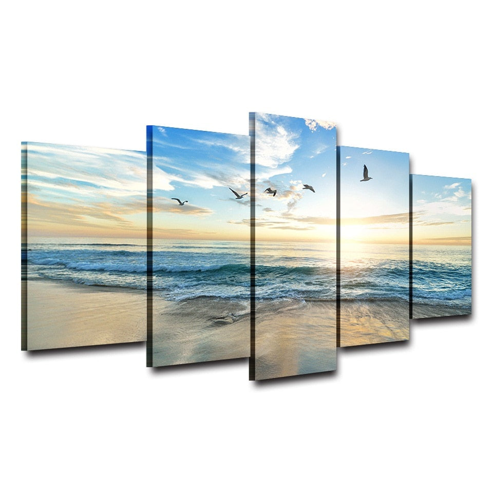 Sandy Sea Beach & Ocean Waves With Clouds Sun & Seagull Birds Framed 5 Piece Canvas Wall Art