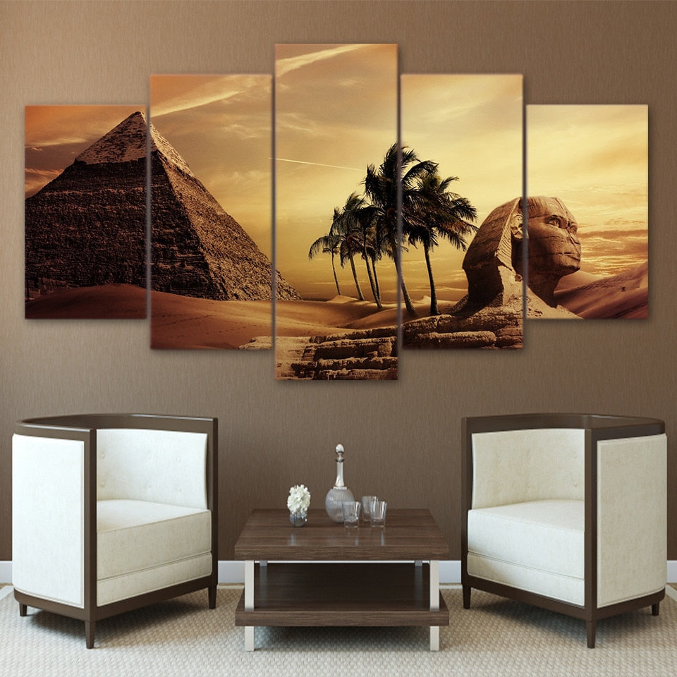 Pyramids In Egypt Sphinx Sunset Framed 5 Piece Canvas Wall Art