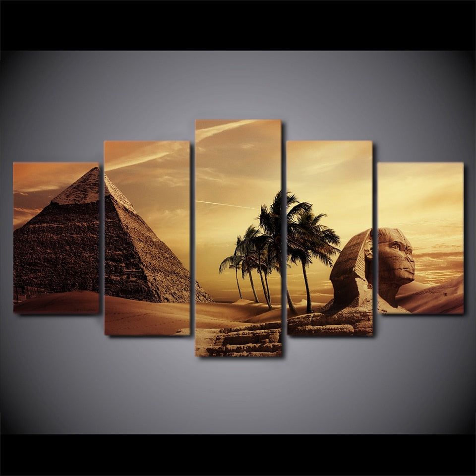 Pyramids In Egypt Sphinx Sunset Framed 5 Piece Canvas Wall Art
