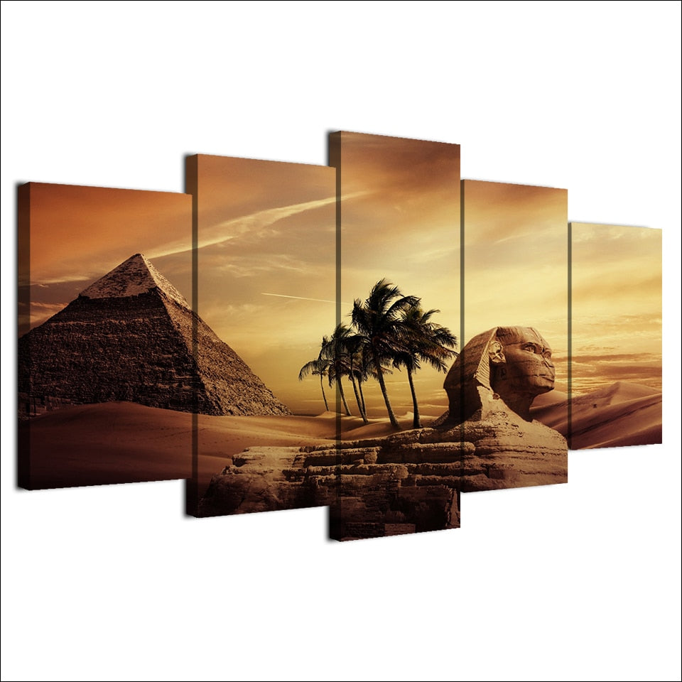 Pyramids In Egypt Sphinx Sunset Framed 5 Piece Canvas Wall Art