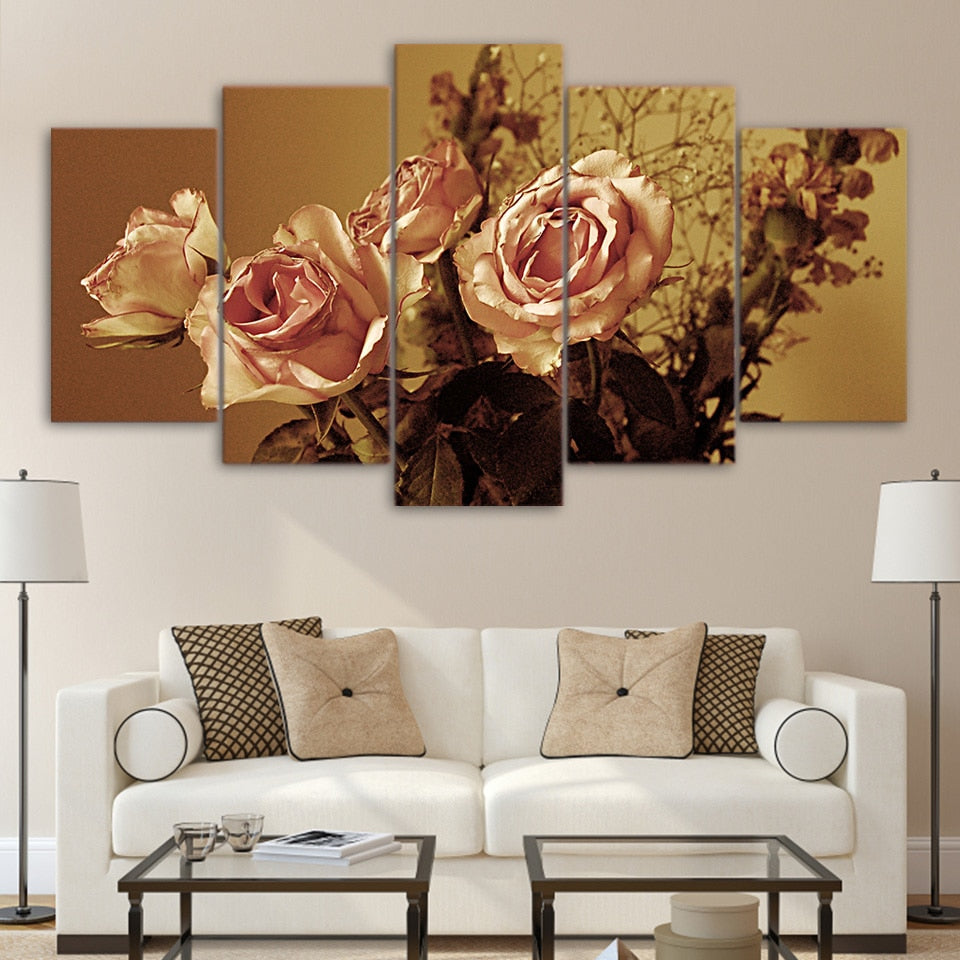 Retro Rose Flower Painting Framed 5 Piece Canvas Wall Art