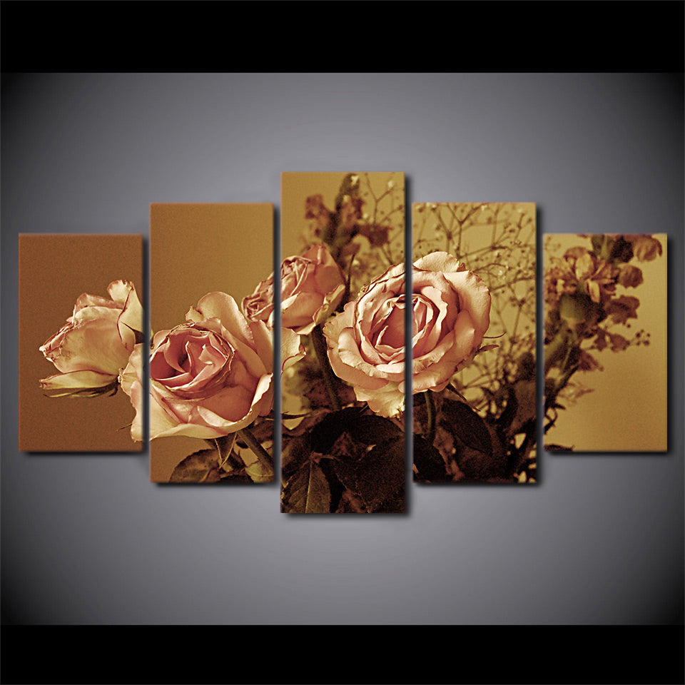 Retro Rose Flower Painting Framed 5 Piece Canvas Wall Art
