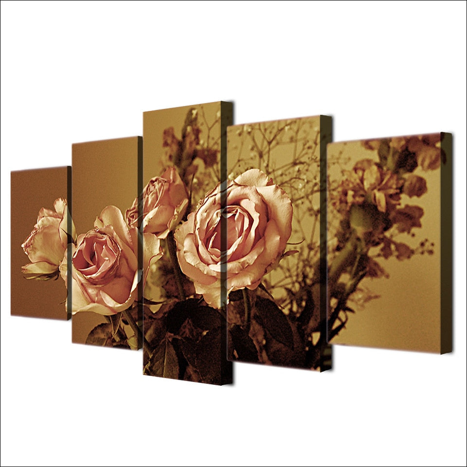 Retro Rose Flower Painting Framed 5 Piece Canvas Wall Art