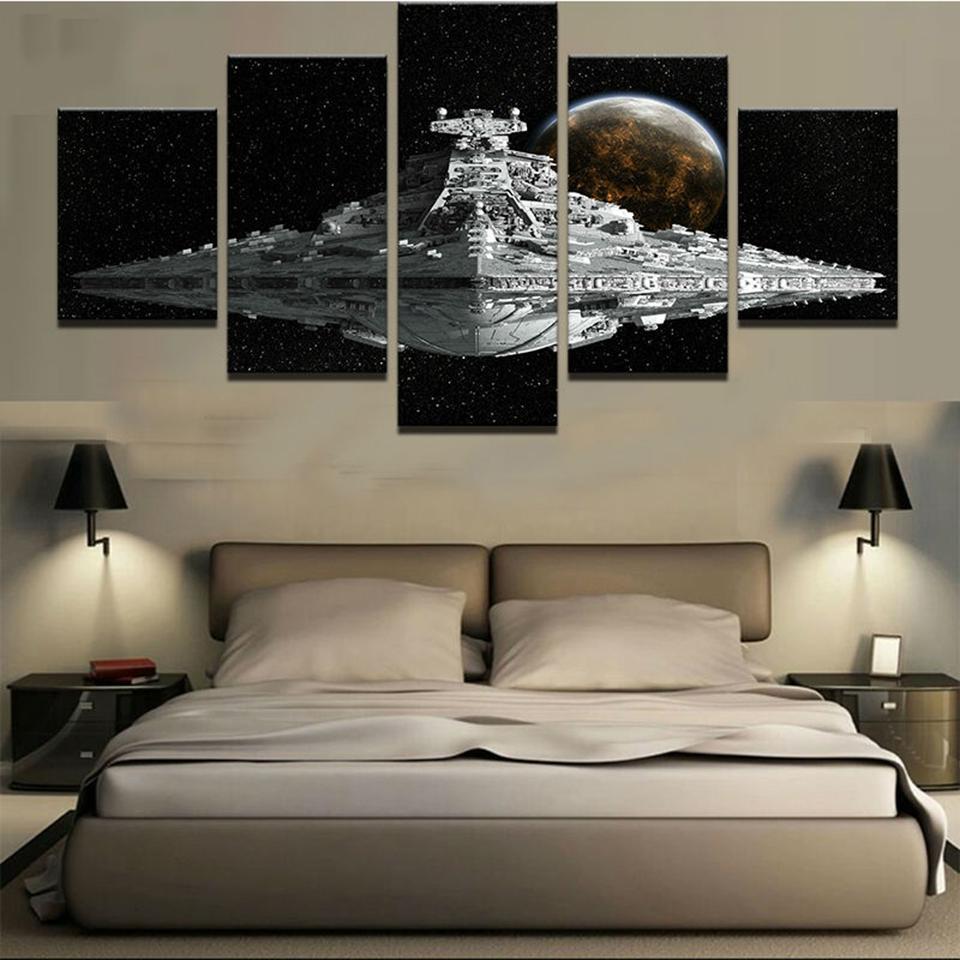 Star Wars Movie Empire Spaceship & Planet Framed 5 Piece Canvas Wall Art