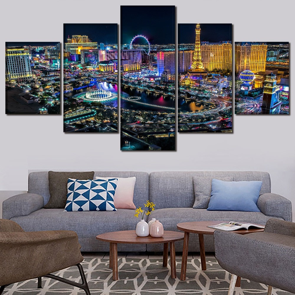 Las Vegas Nevada City Night Time Skyline USA America Cityscape Framed 5 Piece Canvas Wall Art