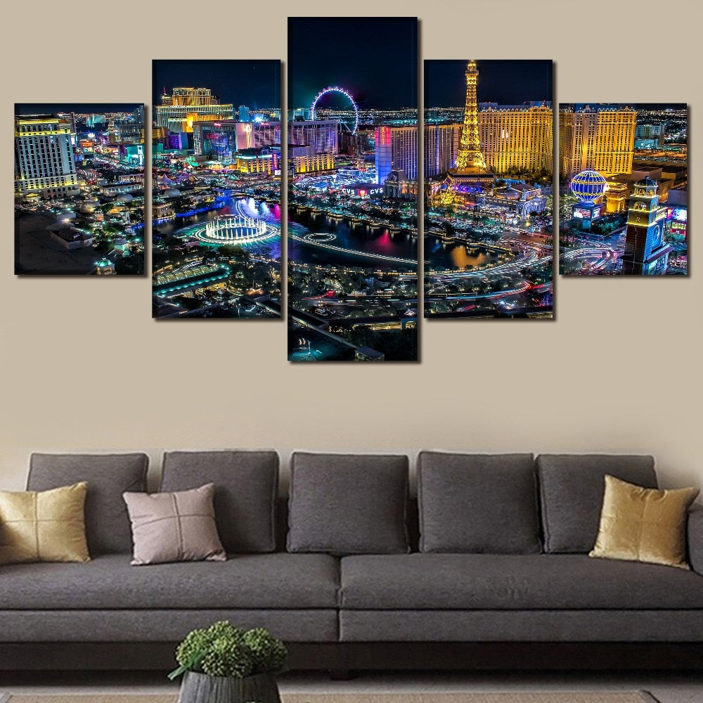 Las Vegas Nevada City Night Time Skyline USA America Cityscape Framed 5 Piece Canvas Wall Art