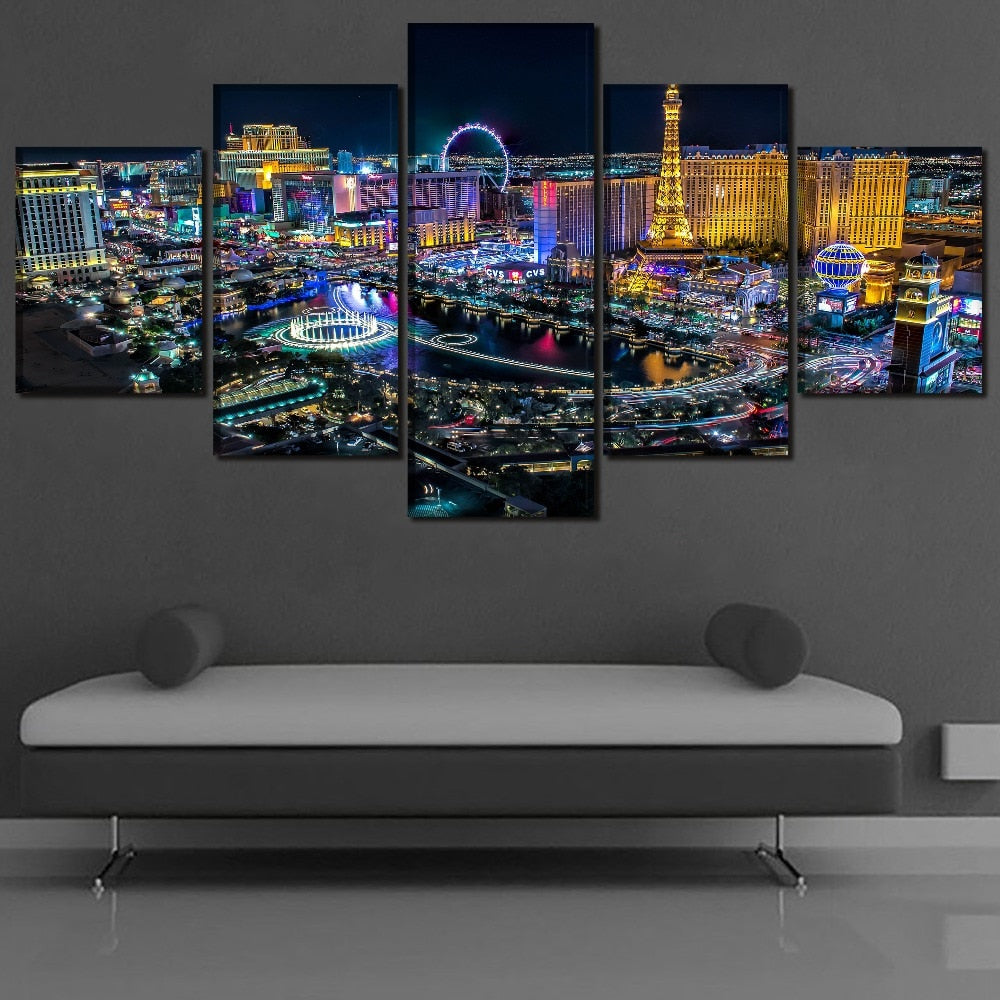 Las Vegas Nevada City Night Time Skyline USA America Cityscape Framed 5 Piece Canvas Wall Art