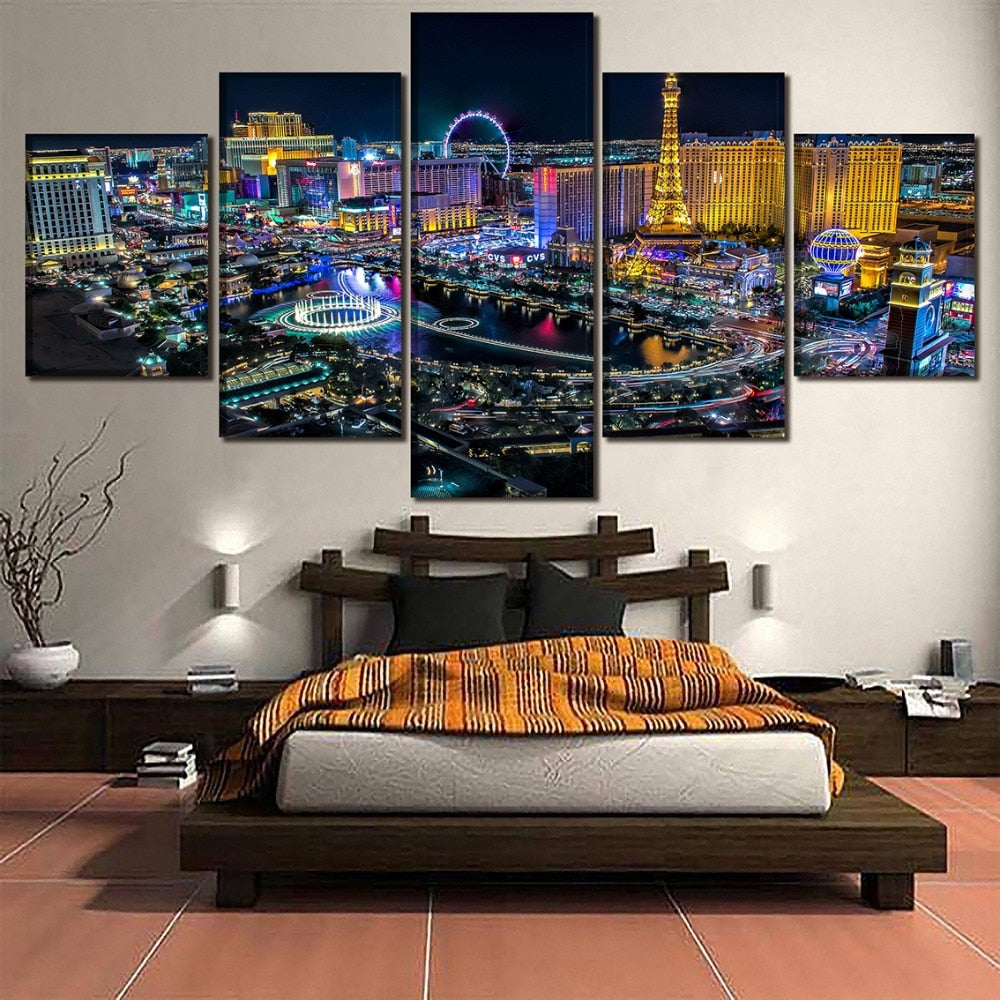 Las Vegas Nevada City Night Time Skyline USA America Cityscape Framed 5 Piece Canvas Wall Art