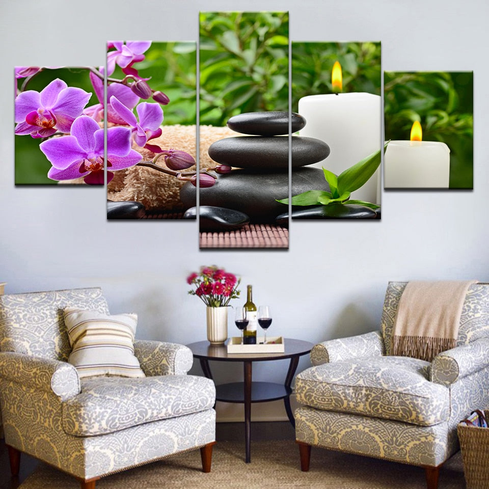Stones Bamboo Wild Orchid Candles & Flowers Framed 5 Piece Canvas Wall Art
