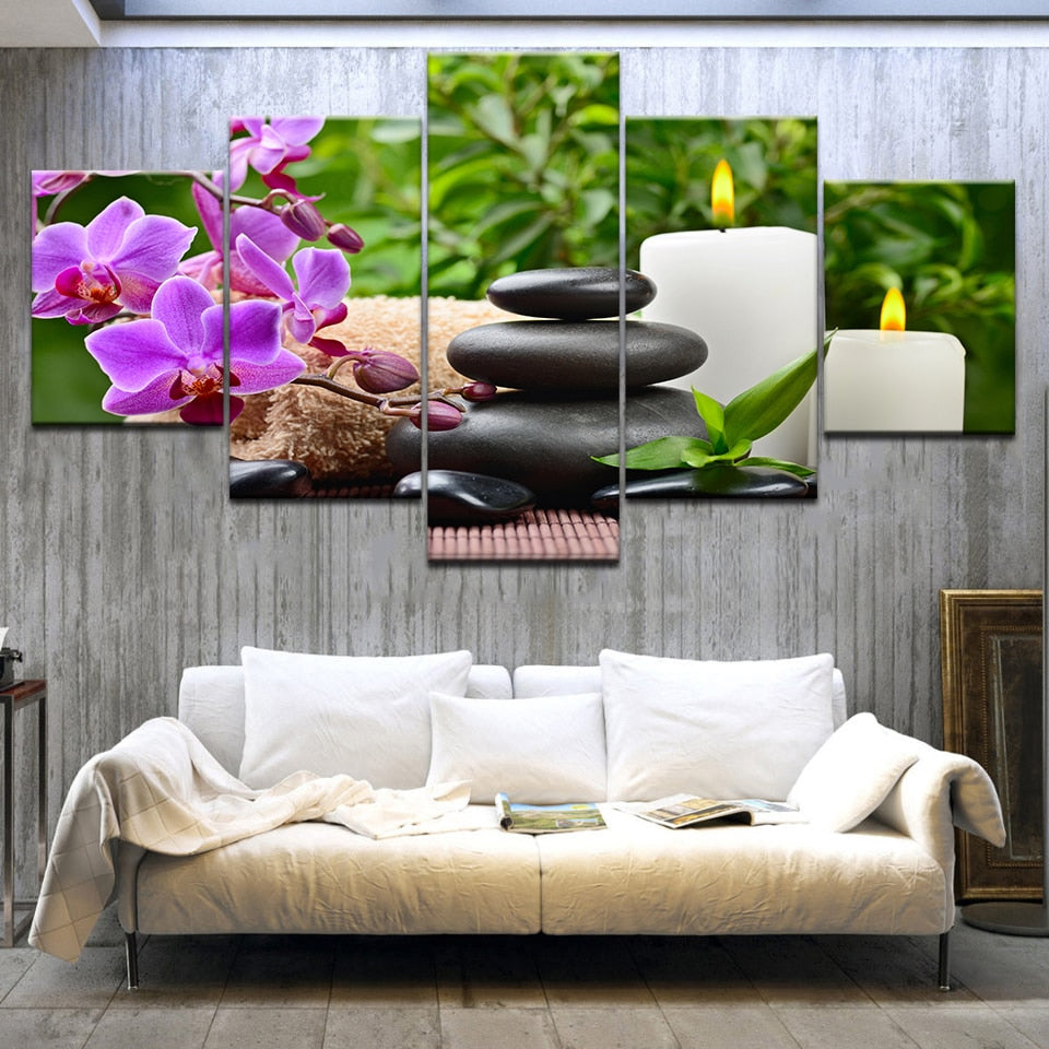 Stones Bamboo Wild Orchid Candles & Flowers Framed 5 Piece Canvas Wall Art