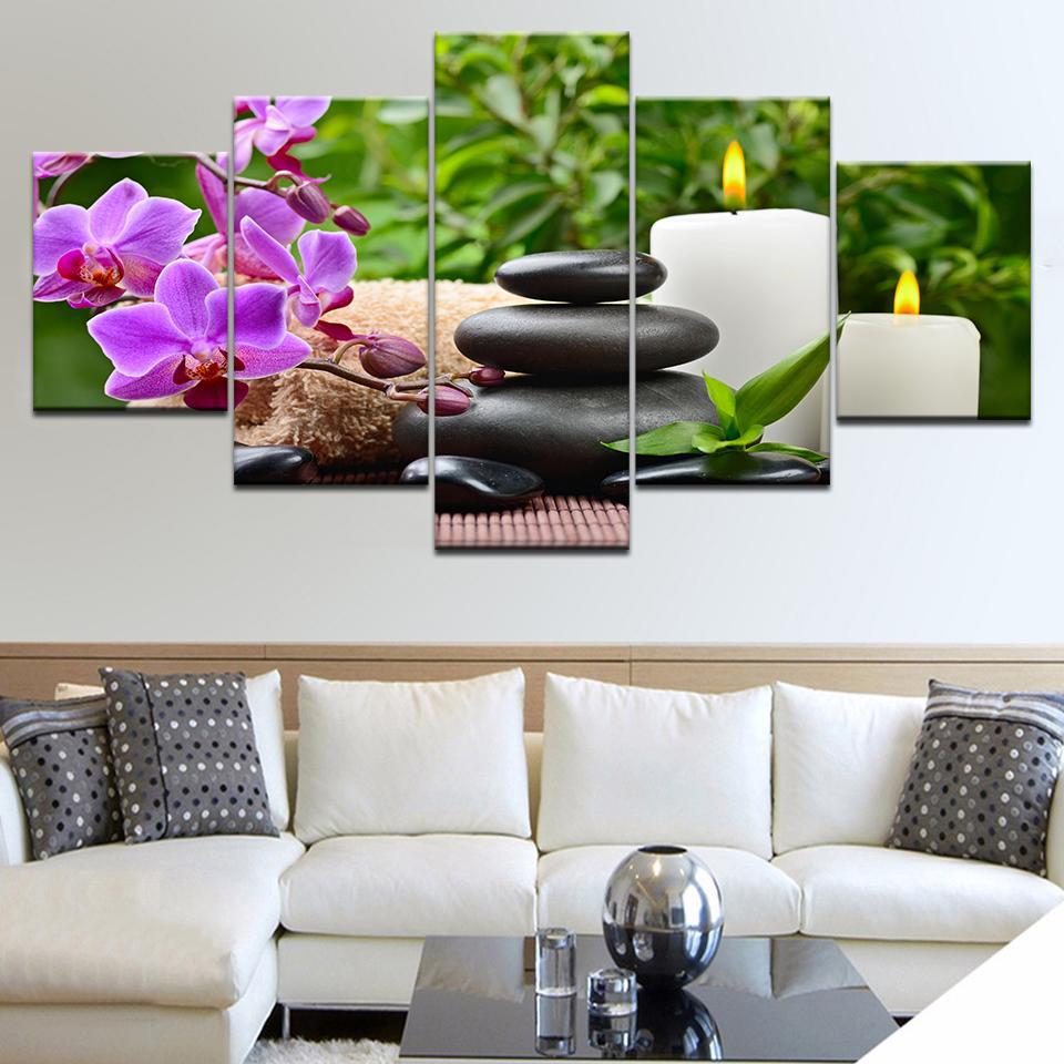 Stones Bamboo Wild Orchid Candles & Flowers Framed 5 Piece Canvas Wall Art