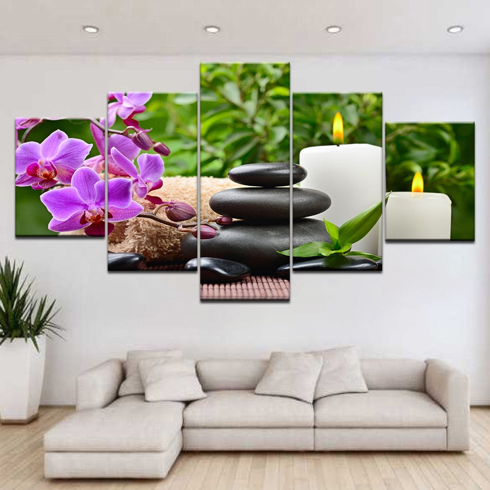 Stones Bamboo Wild Orchid Candles & Flowers Framed 5 Piece Canvas Wall Art